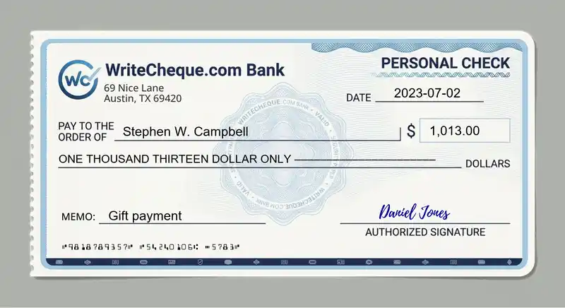 Cheque example for 1013