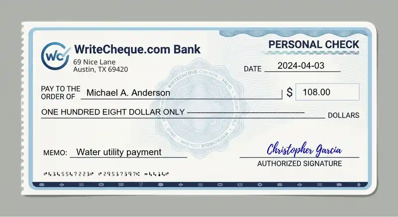 Cheque example for 108