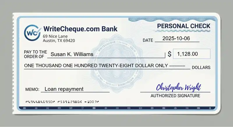 Cheque example for 1128