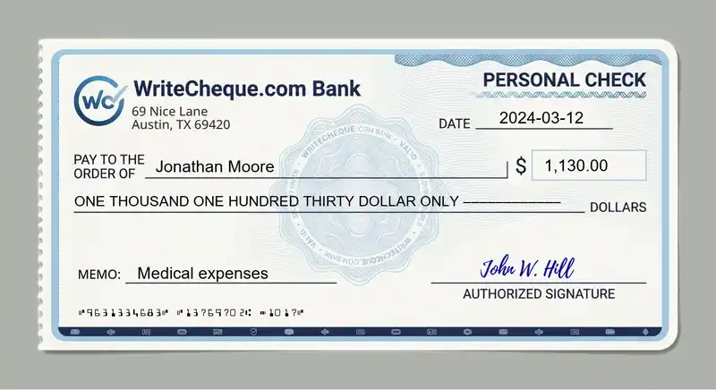 Cheque example for 1130