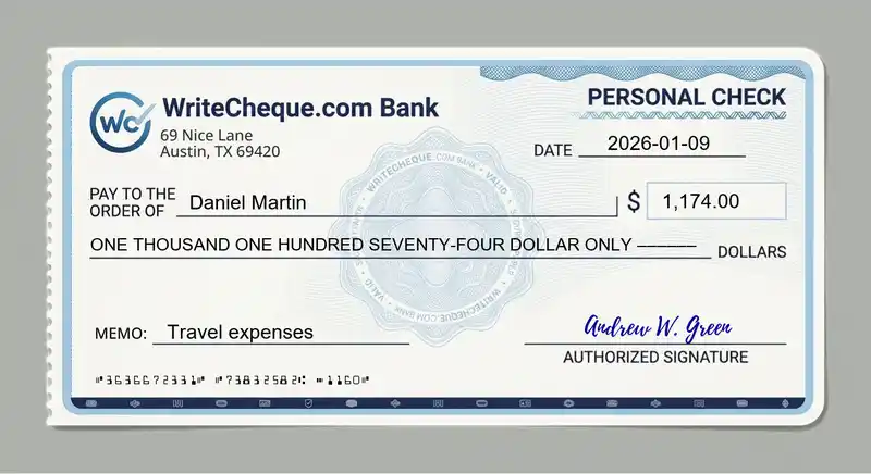 Cheque example for 1174