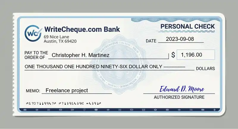 Cheque example for 1196