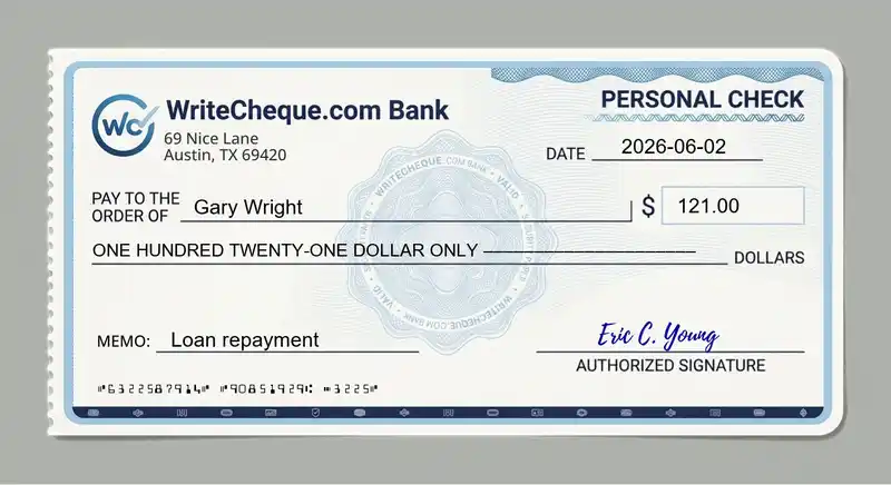 Cheque example for 121