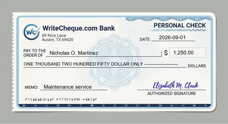 Cheque example for 1250