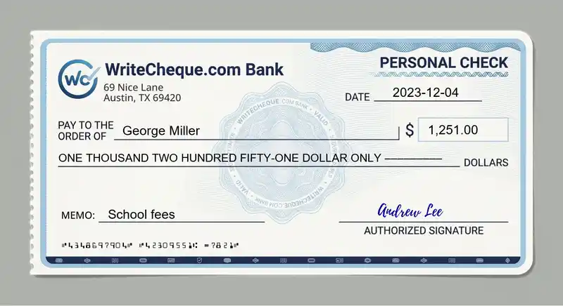 Cheque example for 1251