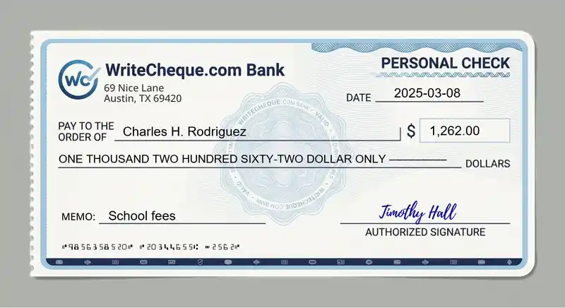 Cheque example for 1262