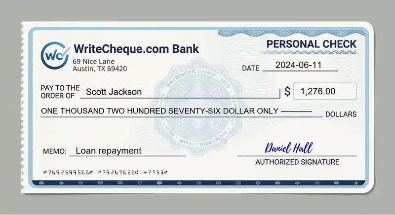 Cheque example for 1276