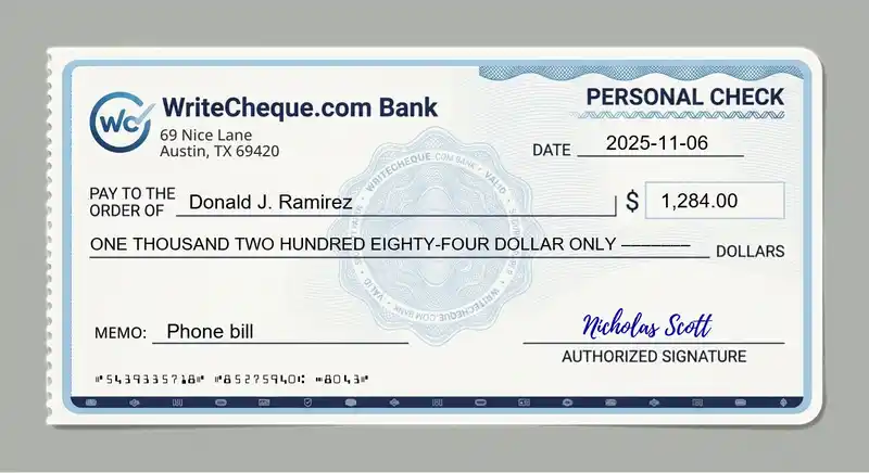 Cheque example for 1284