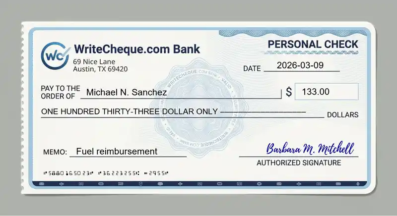 Cheque example for 133
