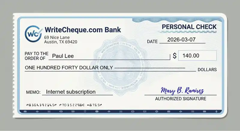 Cheque example for 140