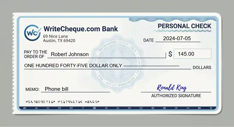 Cheque example for 145