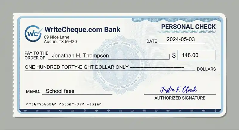 Cheque example for 148
