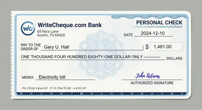 Cheque example for 1481