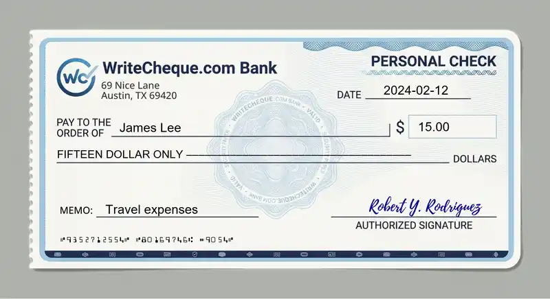 Cheque example for 15