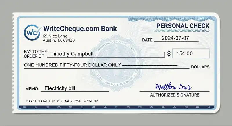 Cheque example for 154