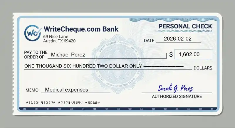 Cheque example for 1602