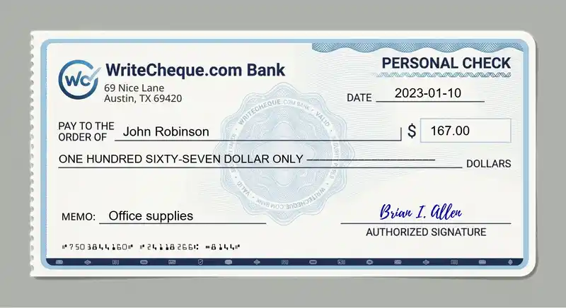 Cheque example for 167