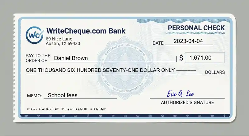 Cheque example for 1671