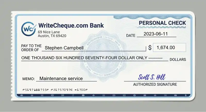 Cheque example for 1674