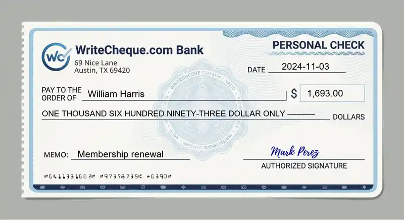 Cheque example for 1693