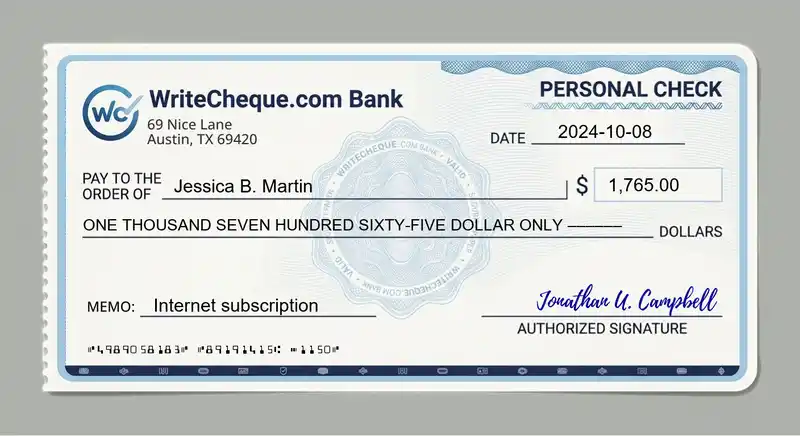 Cheque example for 1765