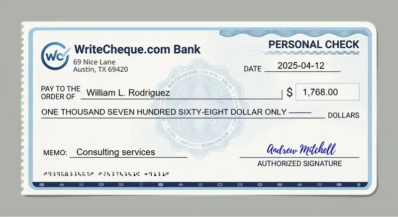 Cheque example for 1768