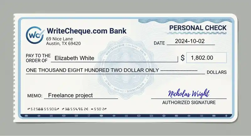 Cheque example for 1802