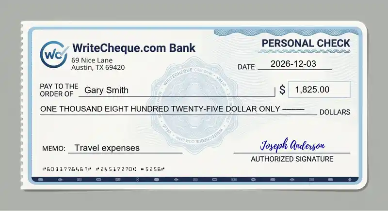 Cheque example for 1825