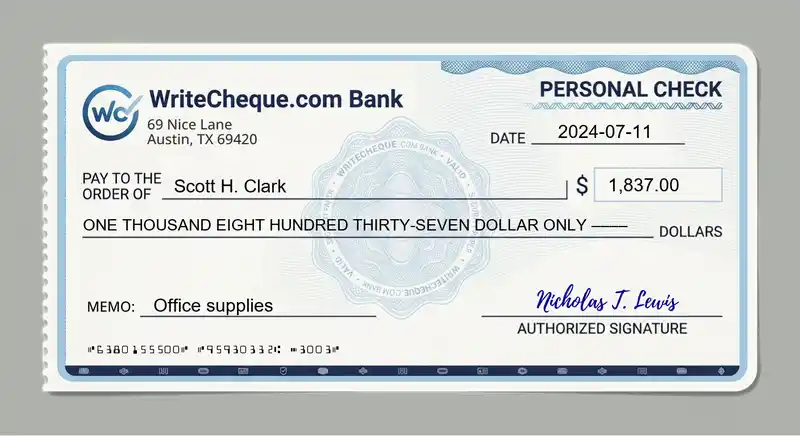 Cheque example for 1837