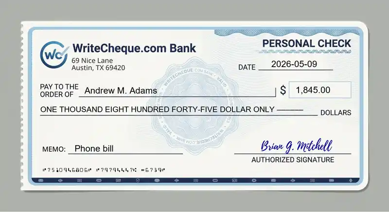 Cheque example for 1845