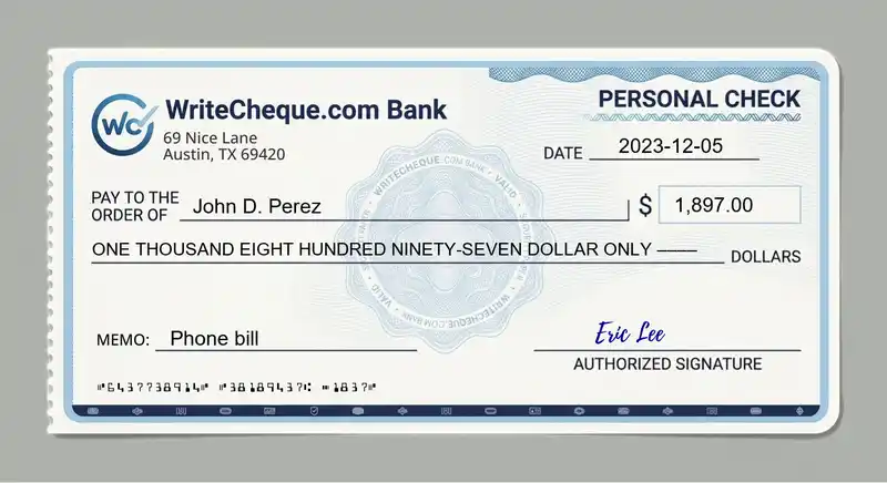 Cheque example for 1897