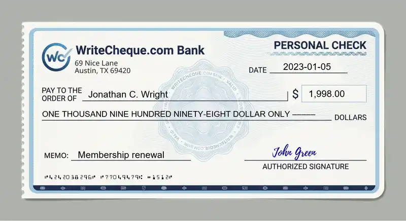 Cheque example for 1998