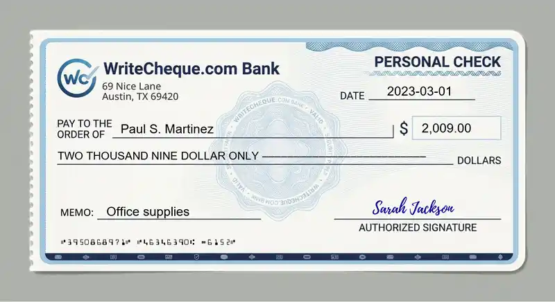 Cheque example for 2009