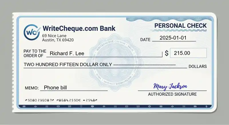 Cheque example for 215