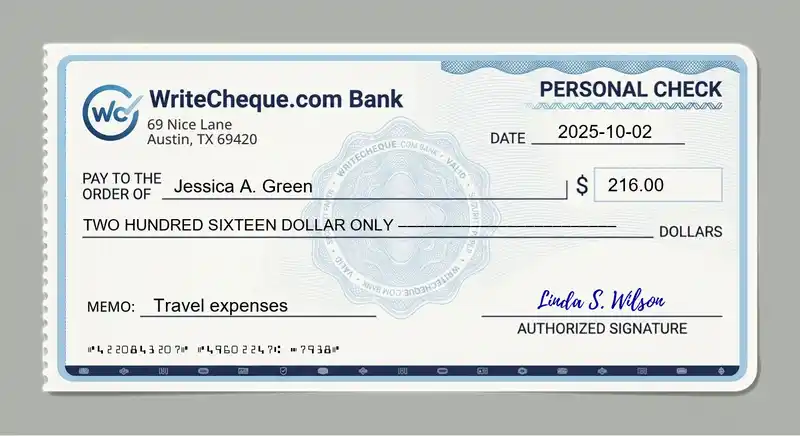 Cheque example for 216
