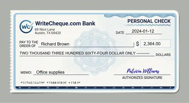 Cheque example for 2364
