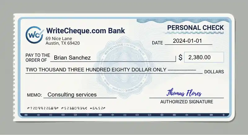 Cheque example for 2380