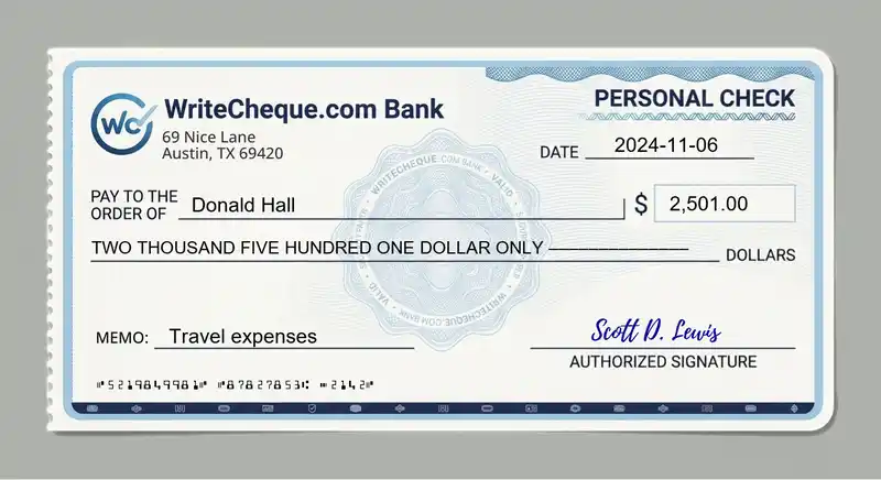 Cheque example for 2501
