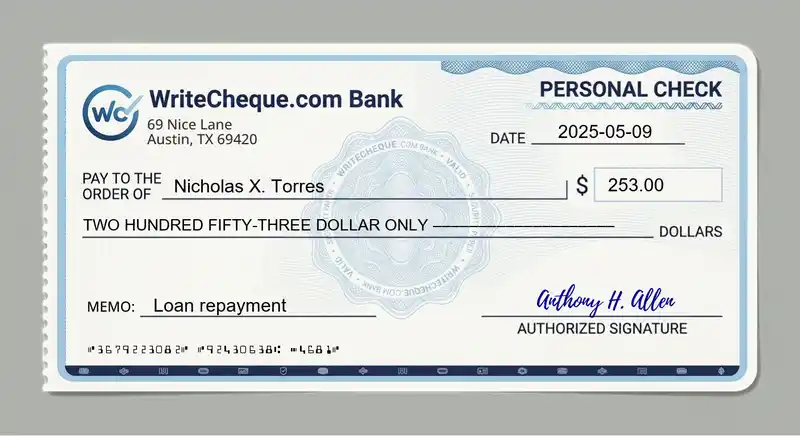 Cheque example for 253
