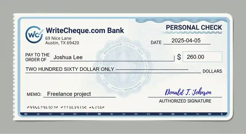 Cheque example for 260