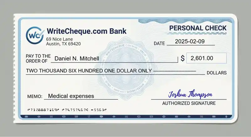 Cheque example for 2601