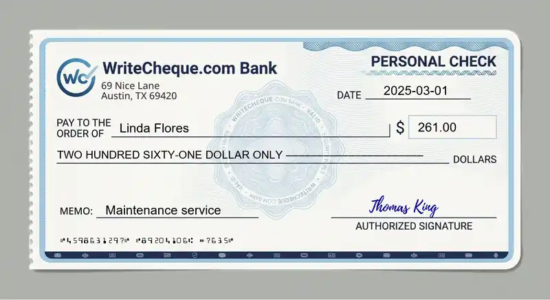 Cheque example for 261