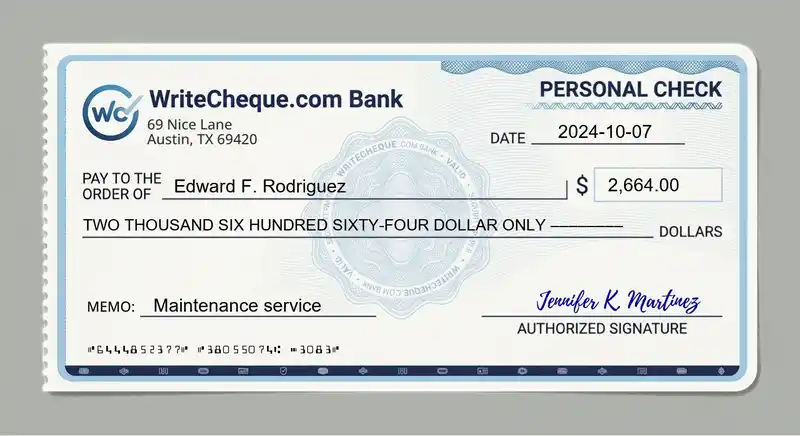 Cheque example for 2664
