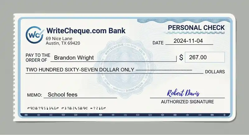 Cheque example for 267