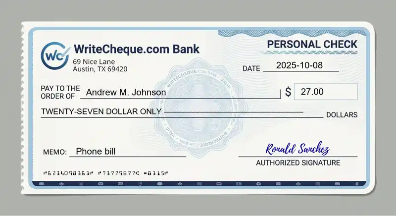 Cheque example for 27