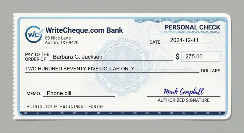 Cheque example for 275