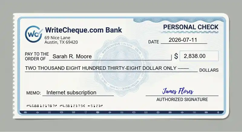 Cheque example for 2838