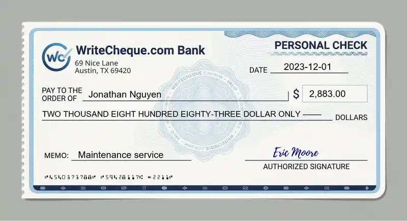 Cheque example for 2883