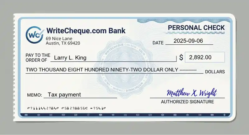 Cheque example for 2892