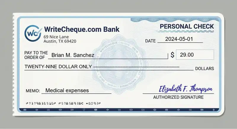 Cheque example for 29